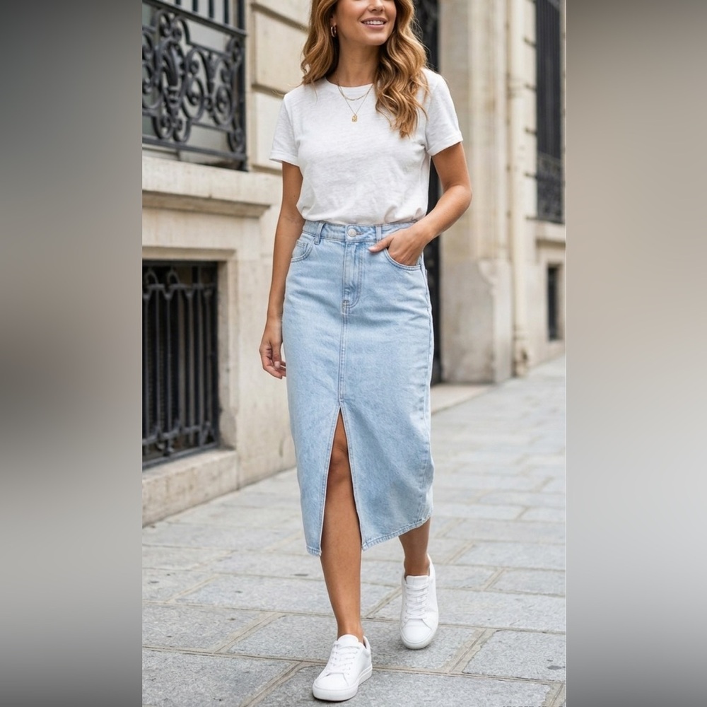 Le Lis Collection Light Wash Denim Midi Skirt with Front Slit - Size S - Picture 1 of 9
